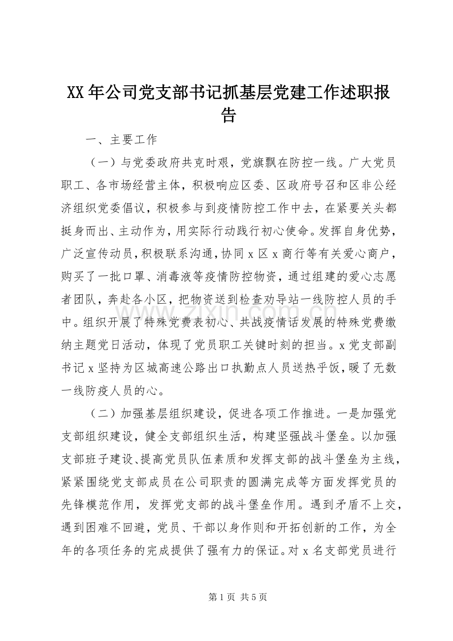 XX年公司党支部书记抓基层党建工作述职报告.docx_第1页