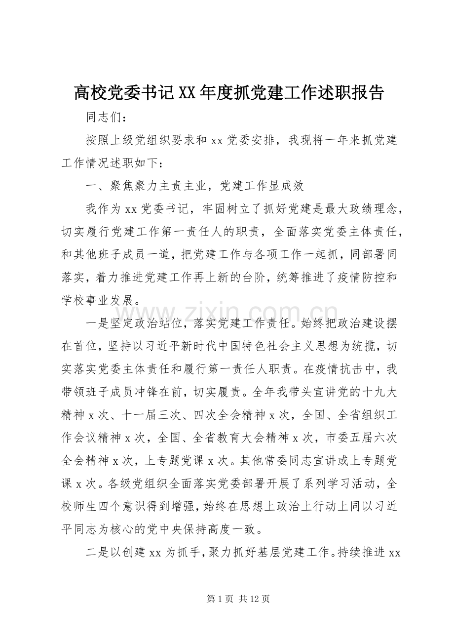 高校党委书记XX年度抓党建工作述职报告.docx_第1页