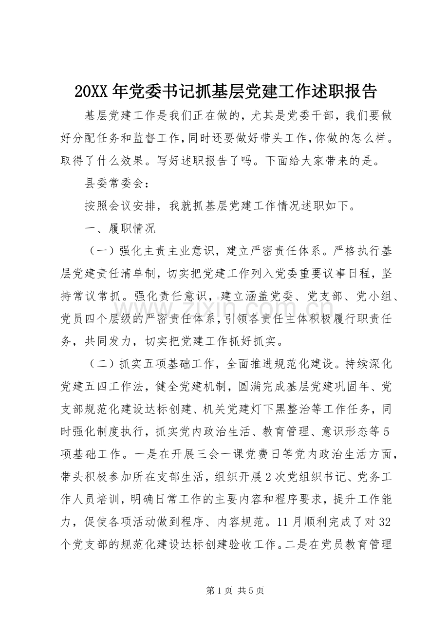 20XX年党委书记抓基层党建工作述职报告.docx_第1页