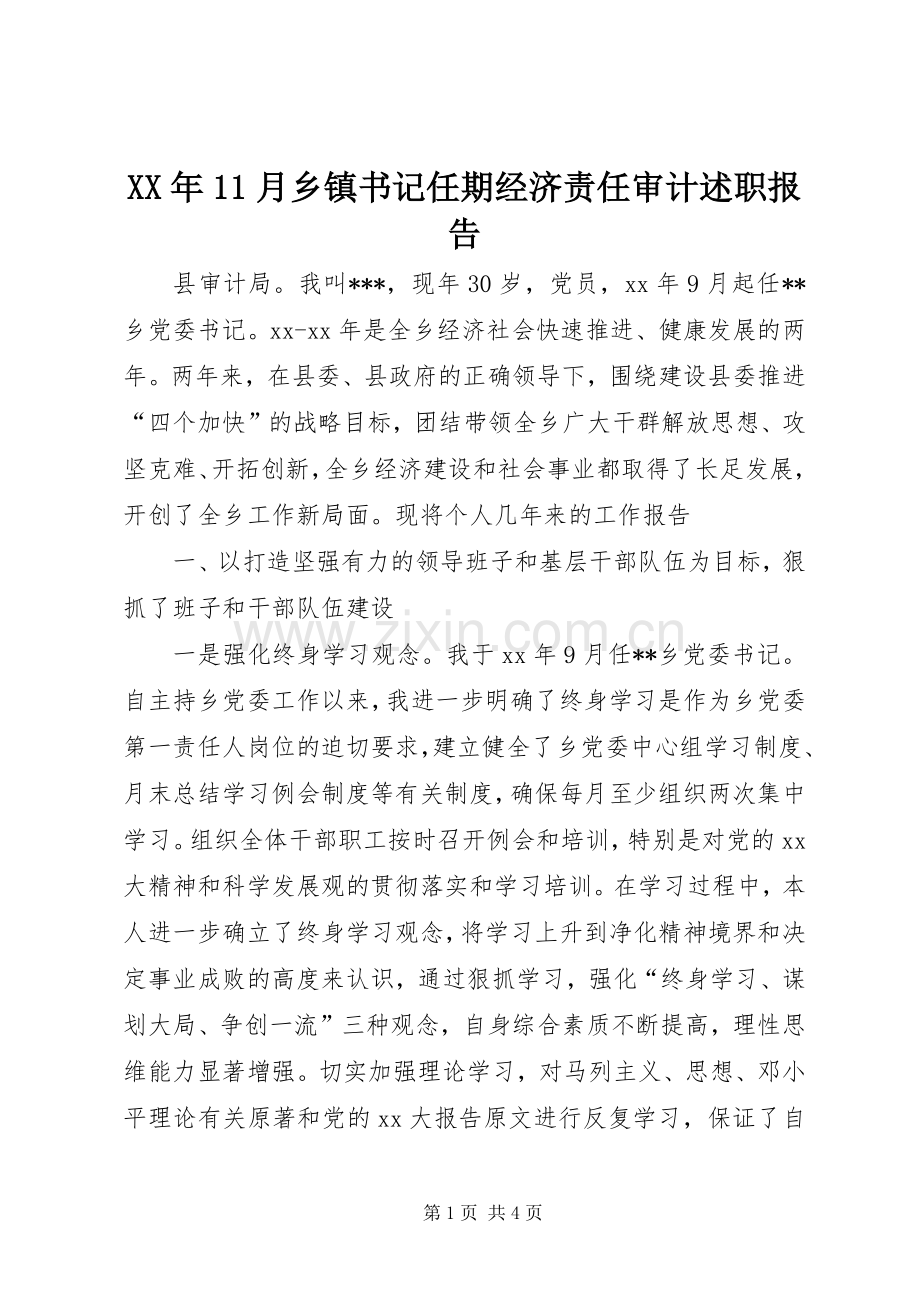 XX年11月乡镇书记任期经济责任审计述职报告.docx_第1页