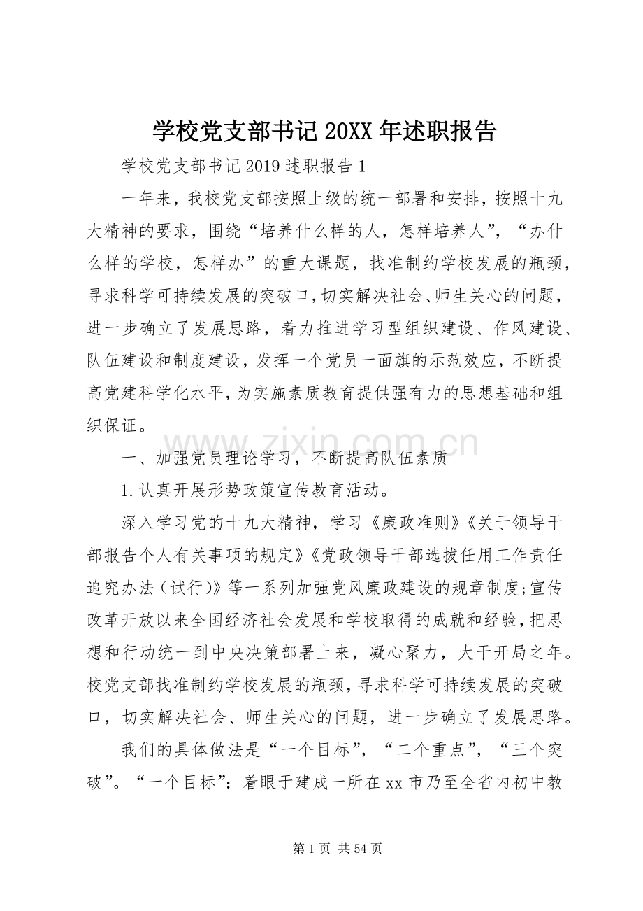 学校党支部书记20XX年述职报告.docx_第1页