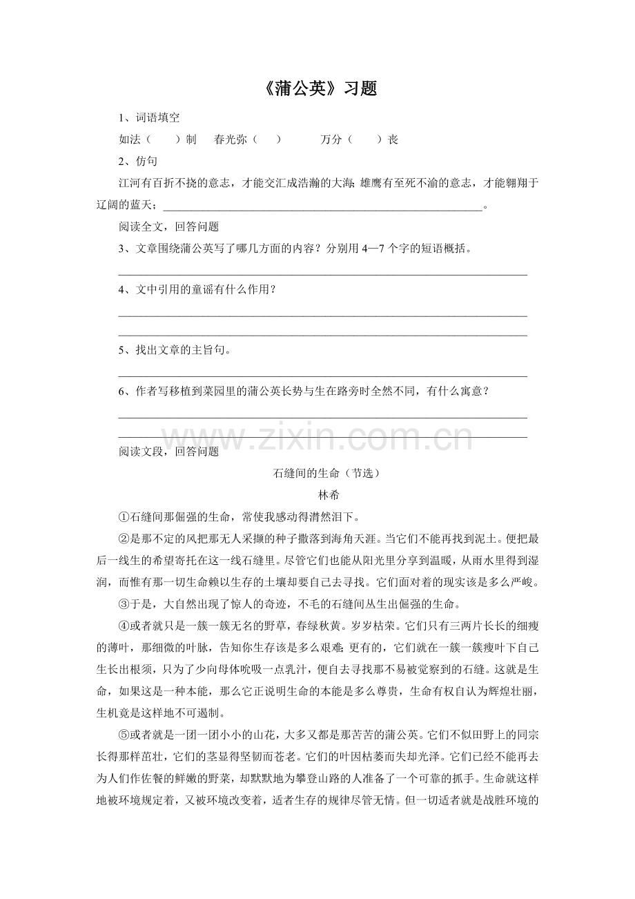 《蒲公英》习题2.doc_第1页