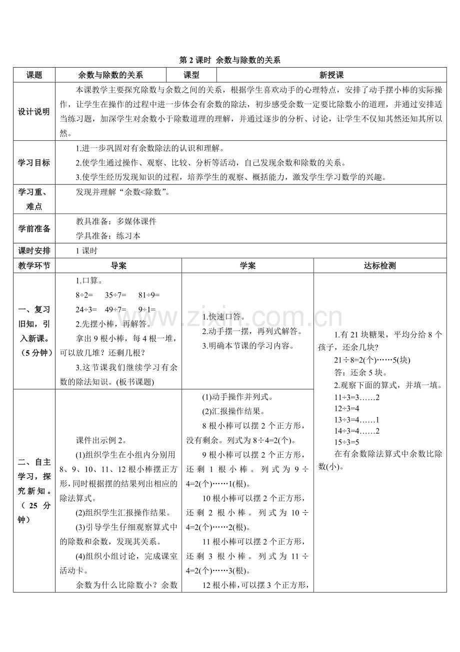 小学数学人教二年级余数与除数的关系.doc_第1页