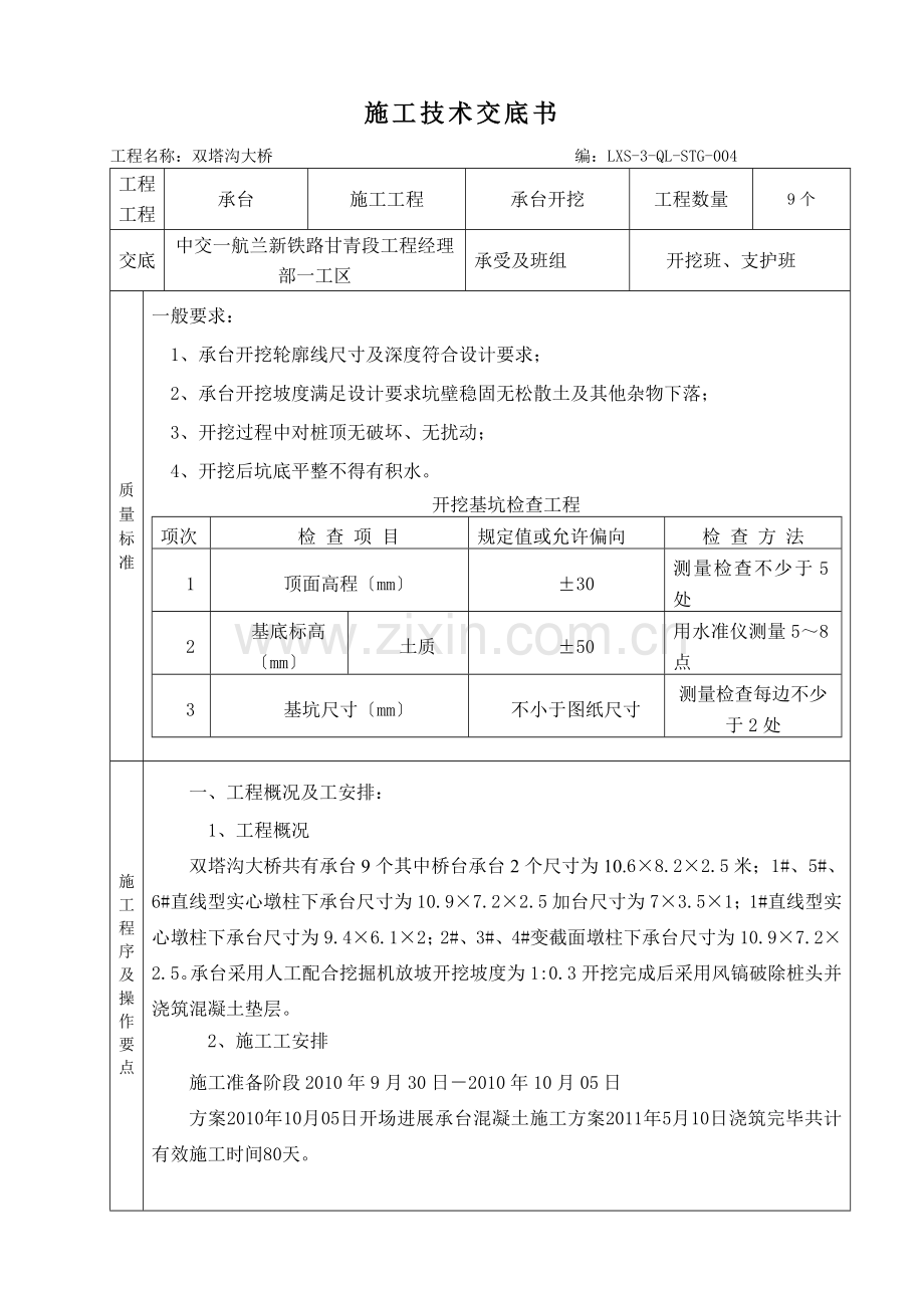 某铁路承台开挖施工技术交底书.doc_第1页