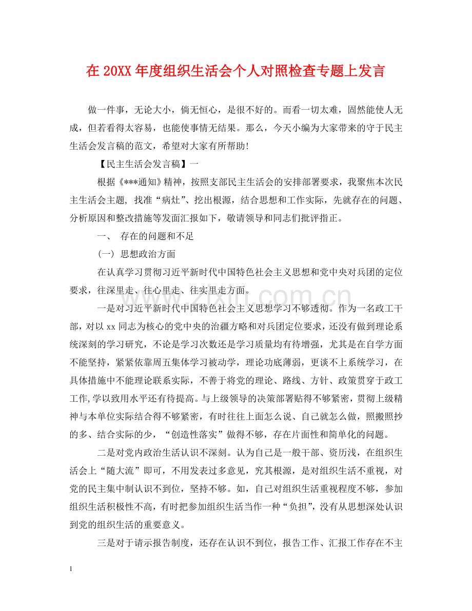 在20XX年度组织生活会个人对照检查专题上发言 .doc_第1页