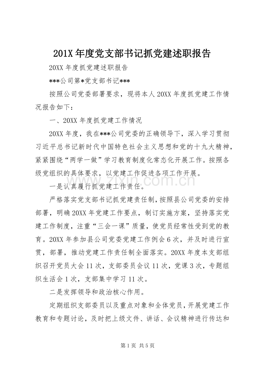 201X年度党支部书记抓党建述职报告.docx_第1页