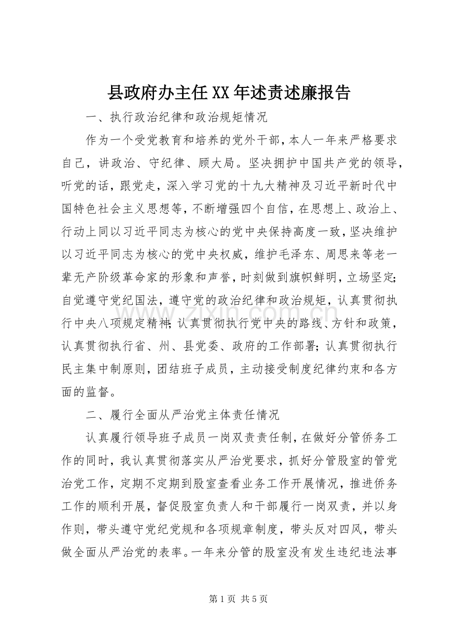 县政府办主任XX年述责述廉报告.docx_第1页