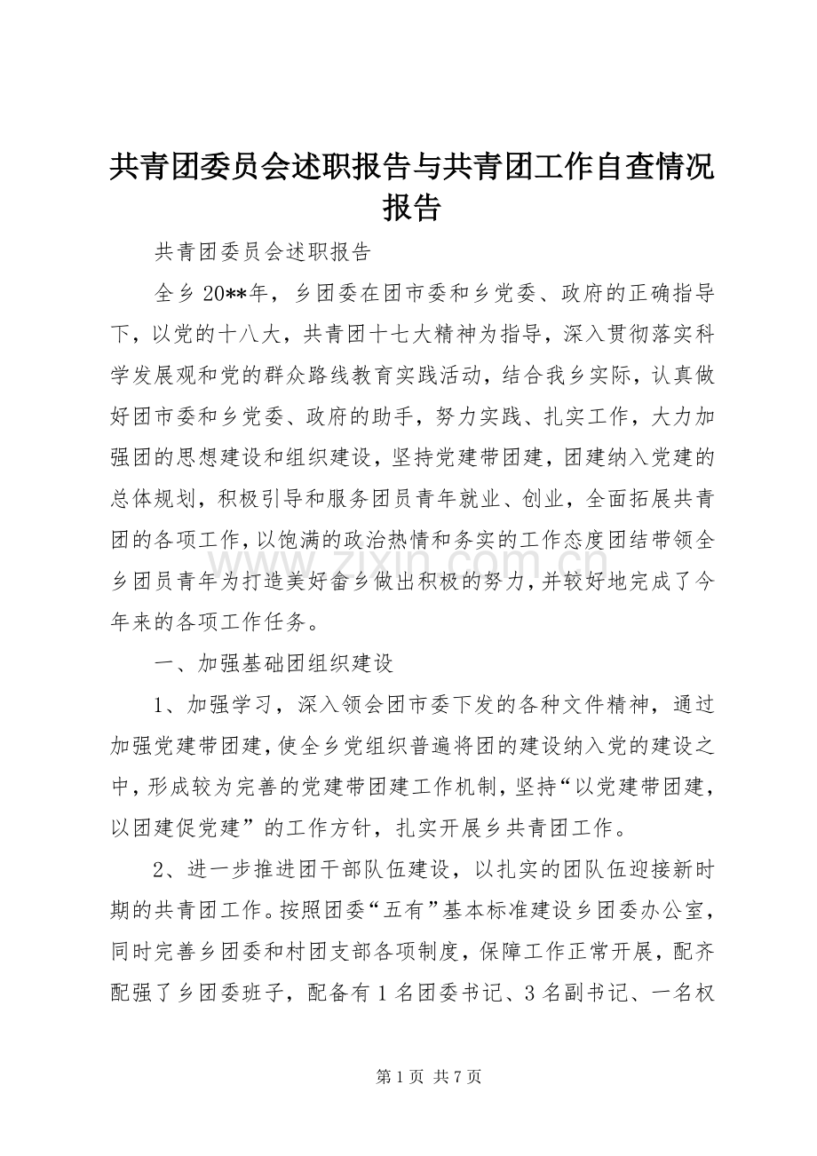 共青团委员会述职报告与共青团工作自查情况报告.docx_第1页