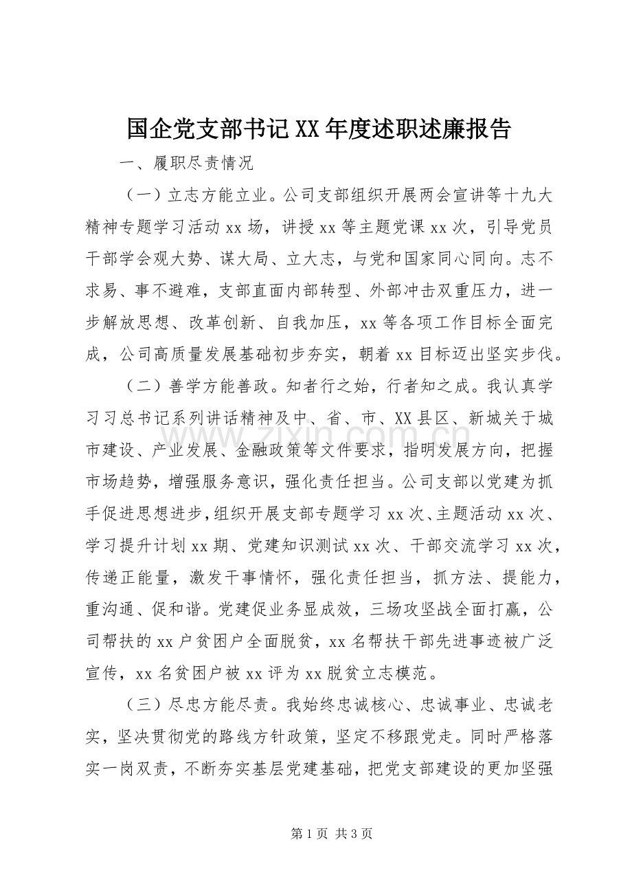 国企党支部书记XX年度述职述廉报告.docx_第1页