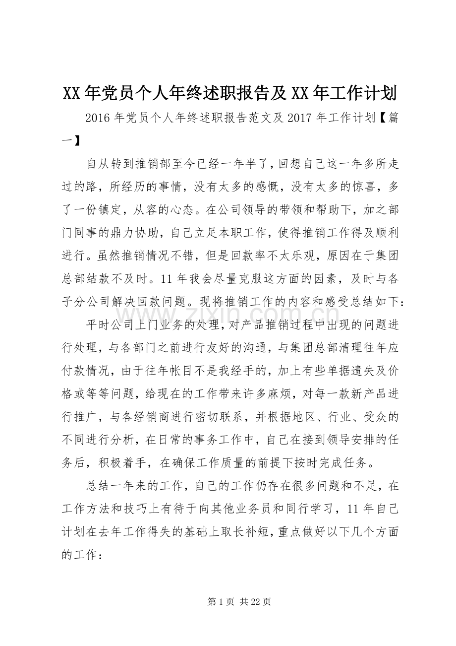 XX年党员个人年终述职报告及XX年工作计划.docx_第1页