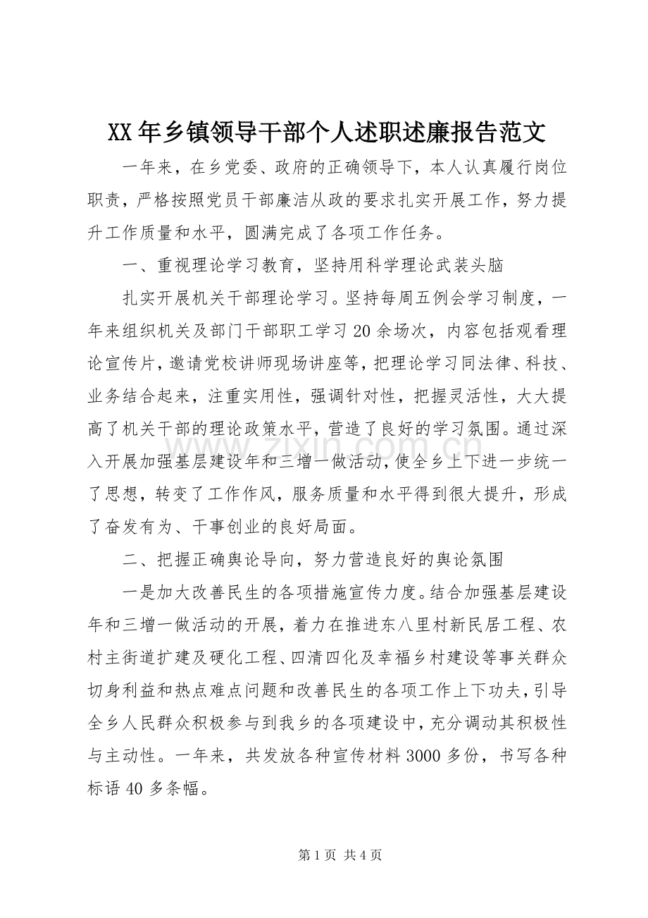 XX年乡镇领导干部个人述职述廉报告范文.docx_第1页