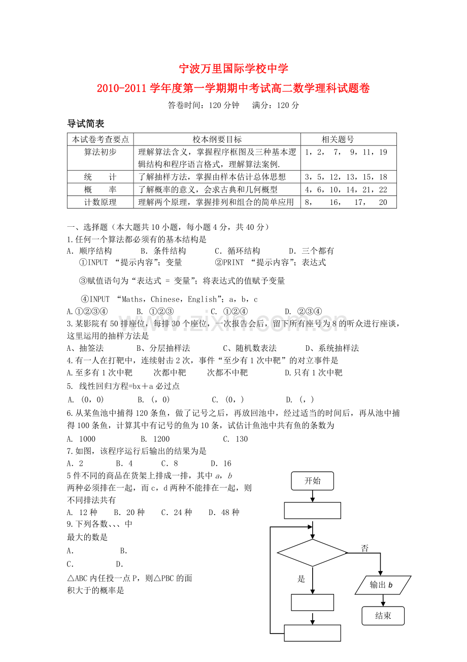 浙江省宁波万里国际学校1011高二数学上学期期中试题 理 新人教A版 .doc_第1页