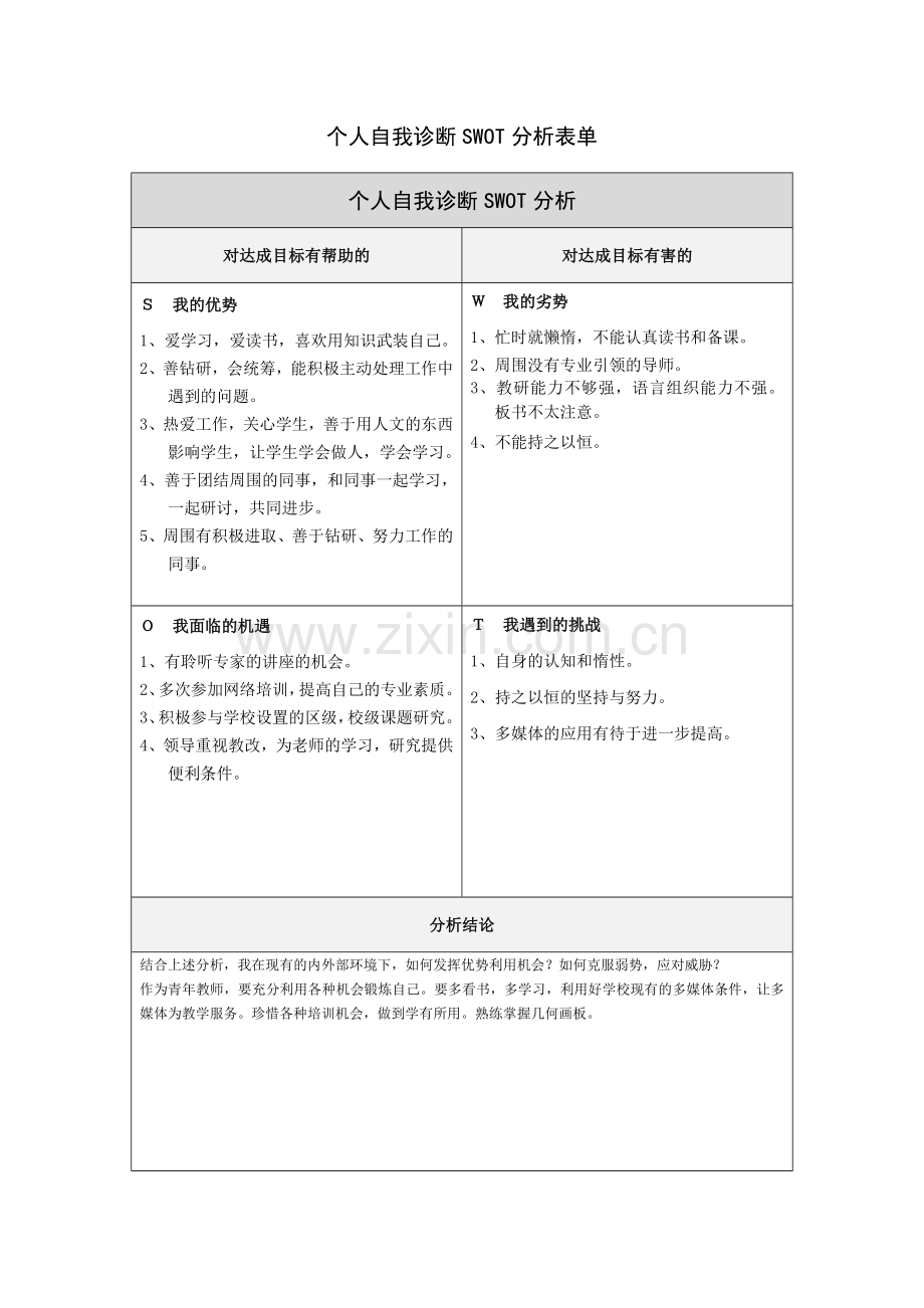 何淑芳个人自我诊断SWOT分析表.doc_第1页