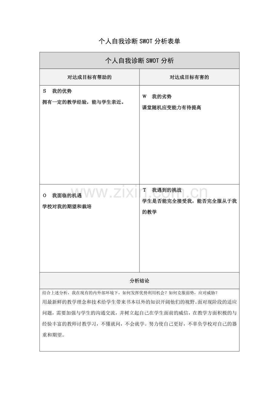 郑丽个人自我诊断SWOT分析表.doc_第1页