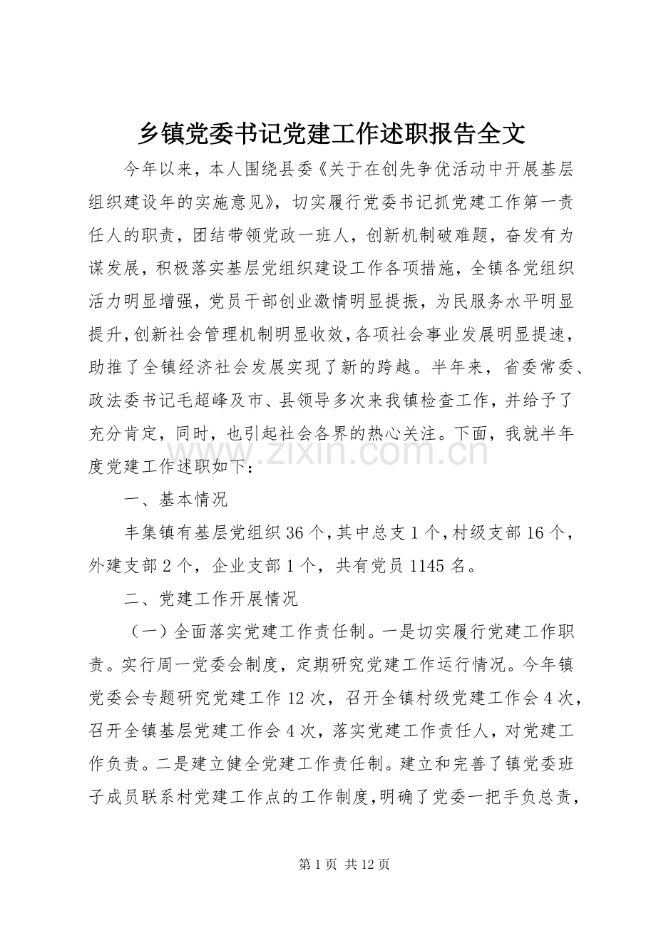 乡镇党委书记党建工作述职报告全文.docx_第1页