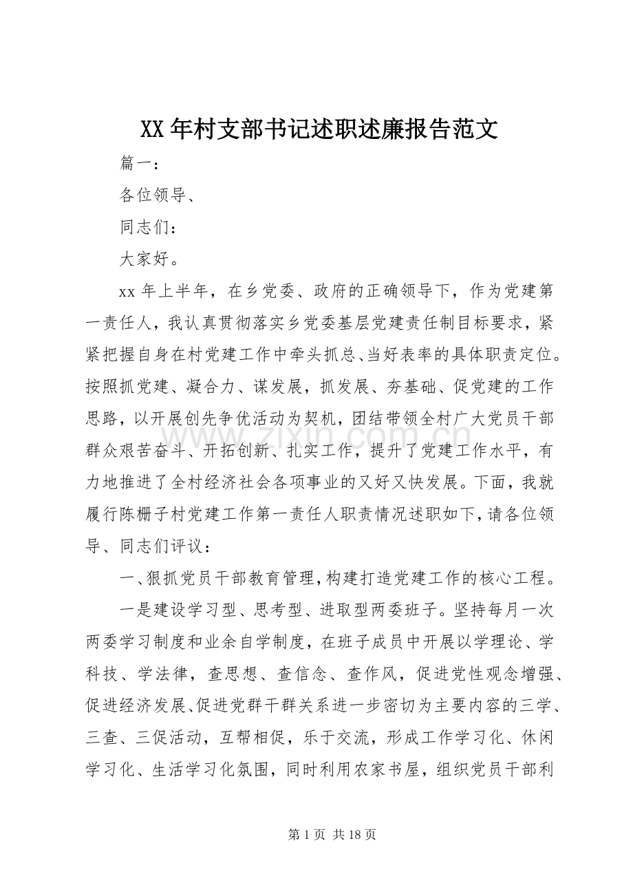 XX年村支部书记述职述廉报告范文.docx_第1页