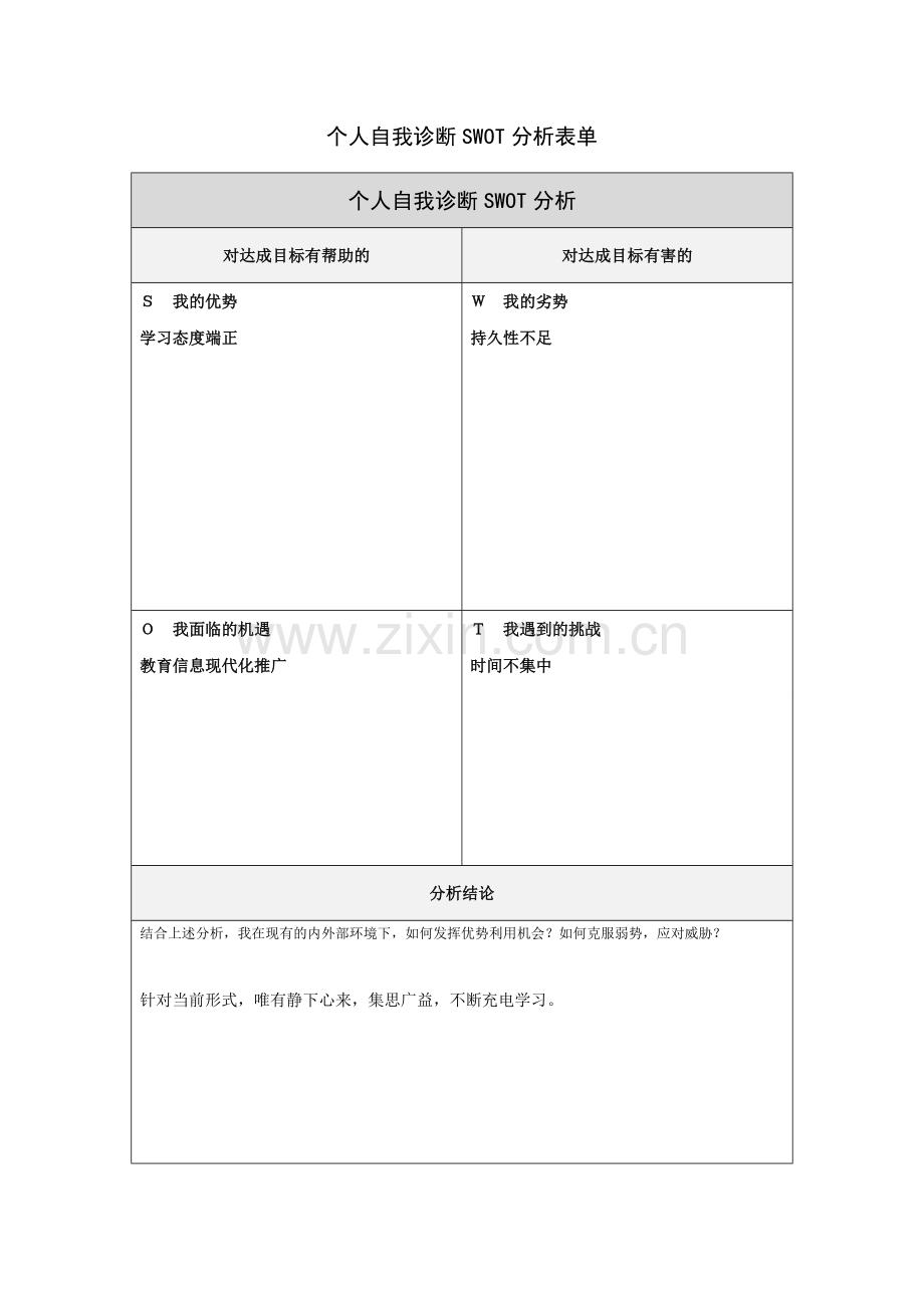 刘吉个人自我诊断SWOT分析表.doc_第1页