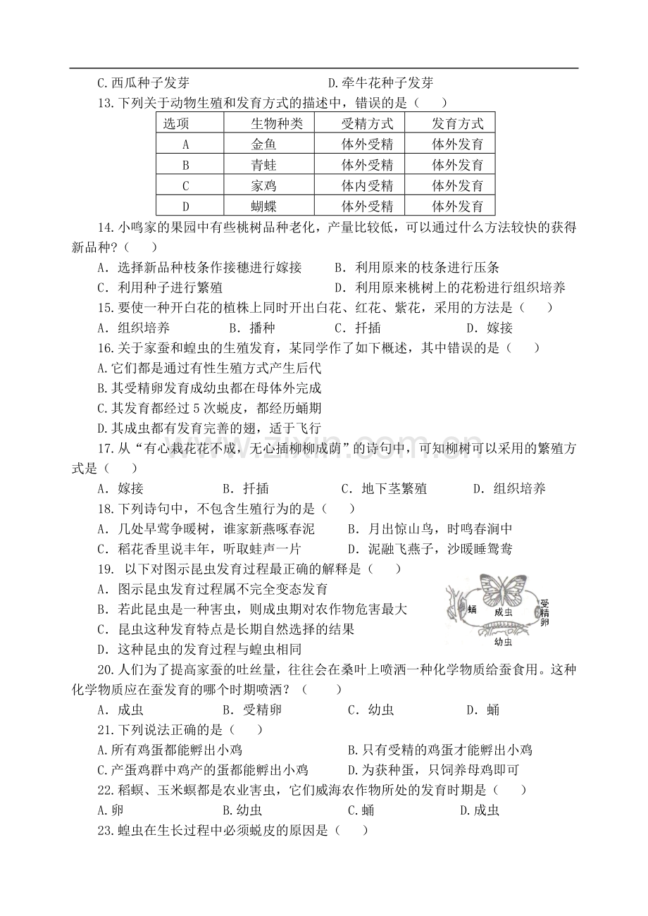 甘肃省成县苇子沟学校八年级生物下册《第三章-生物圈中生命的延续和发展》专题检测试题-新人教版.doc_第2页