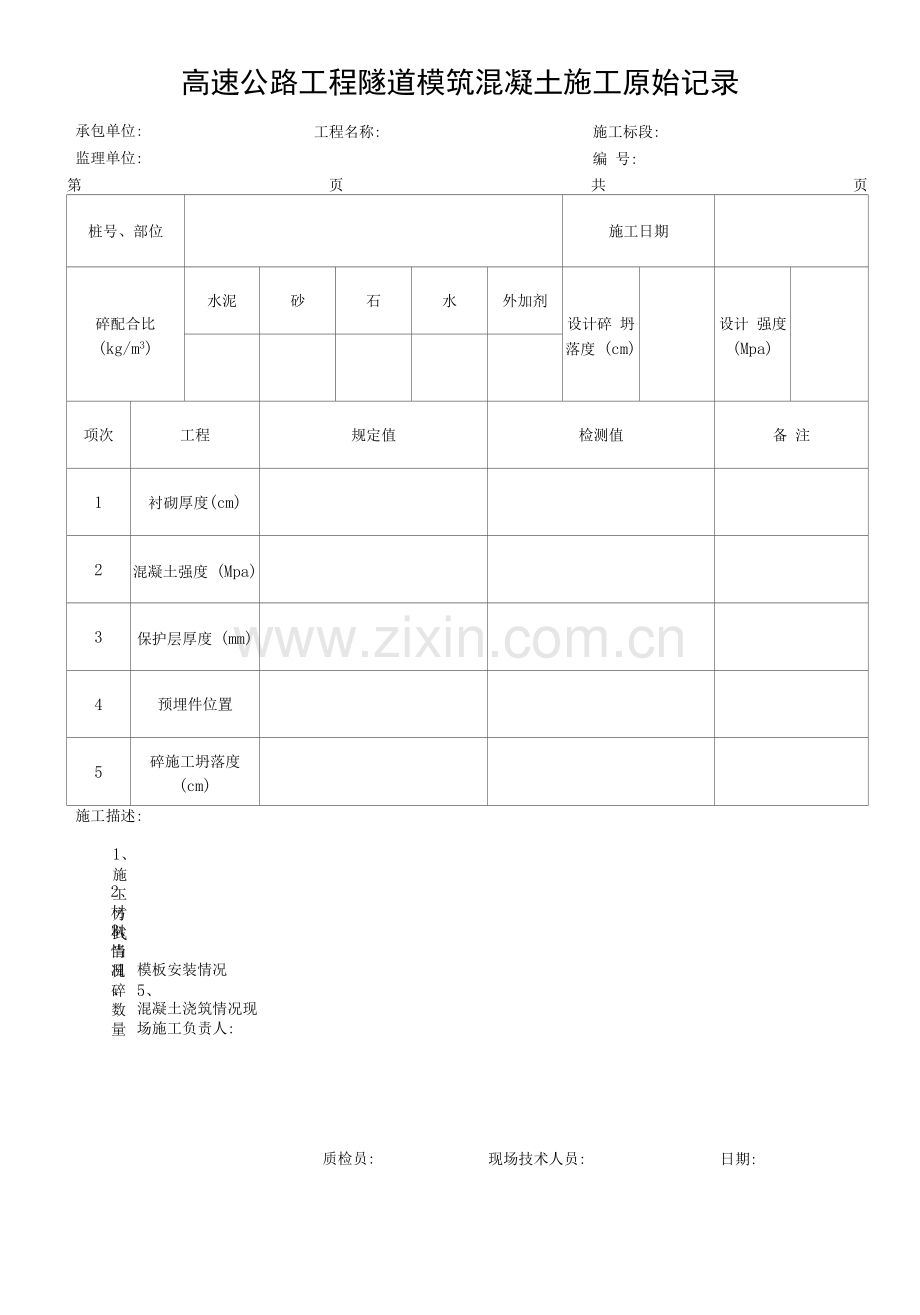 高速公路工程隧道模筑混凝土施工原始记录.docx_第1页