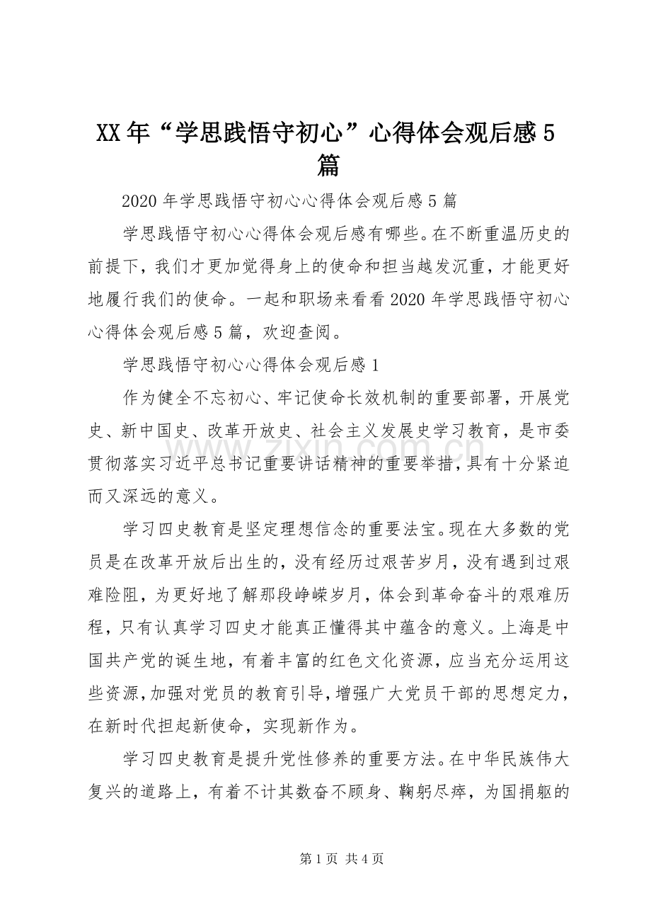 XX年“学思践悟守初心”心得体会观后感5篇.docx_第1页