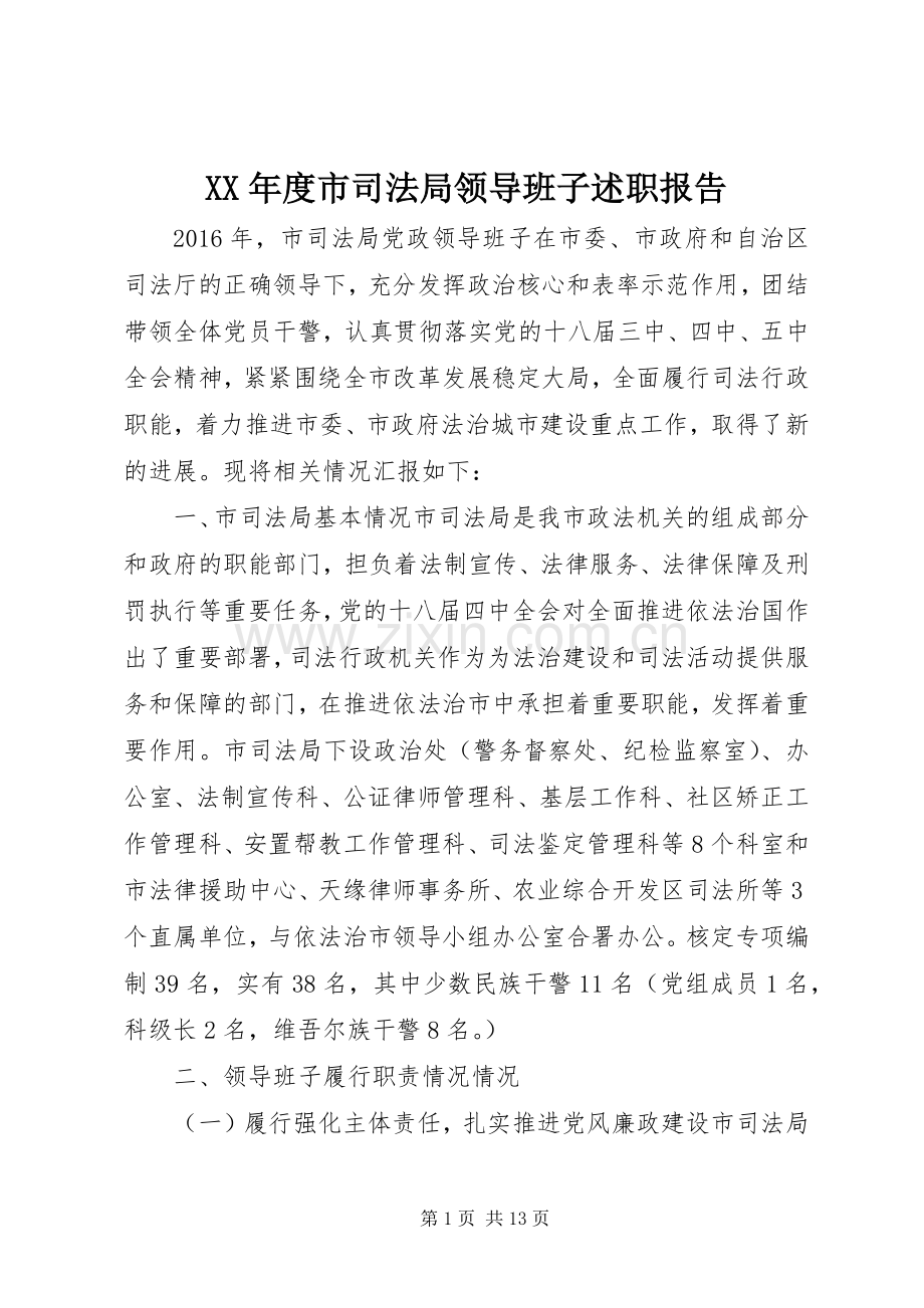 XX年度市司法局领导班子述职报告.docx_第1页