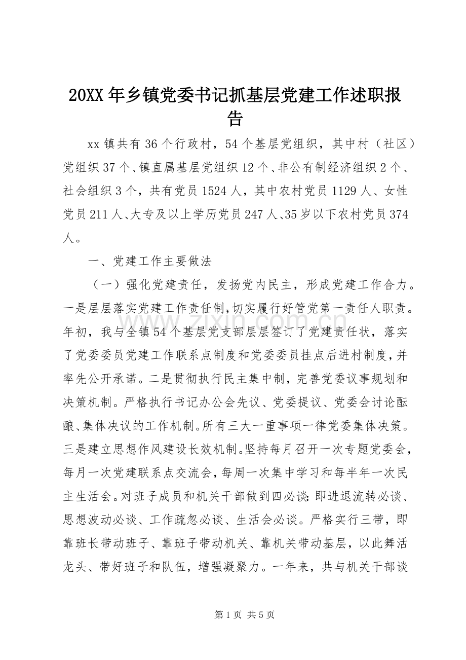 20XX年乡镇党委书记抓基层党建工作述职报告.docx_第1页