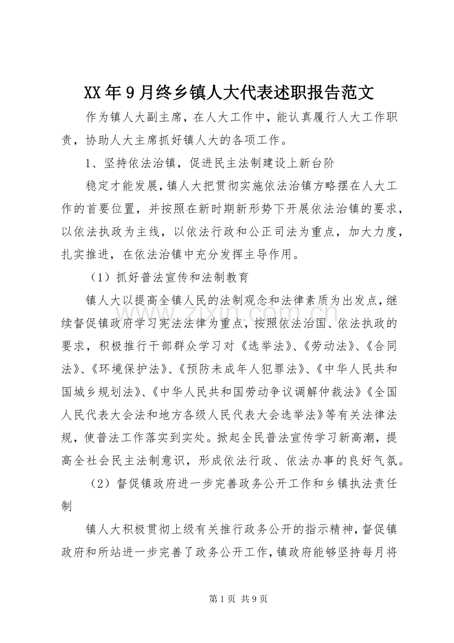 XX年9月终乡镇人大代表述职报告范文.docx_第1页