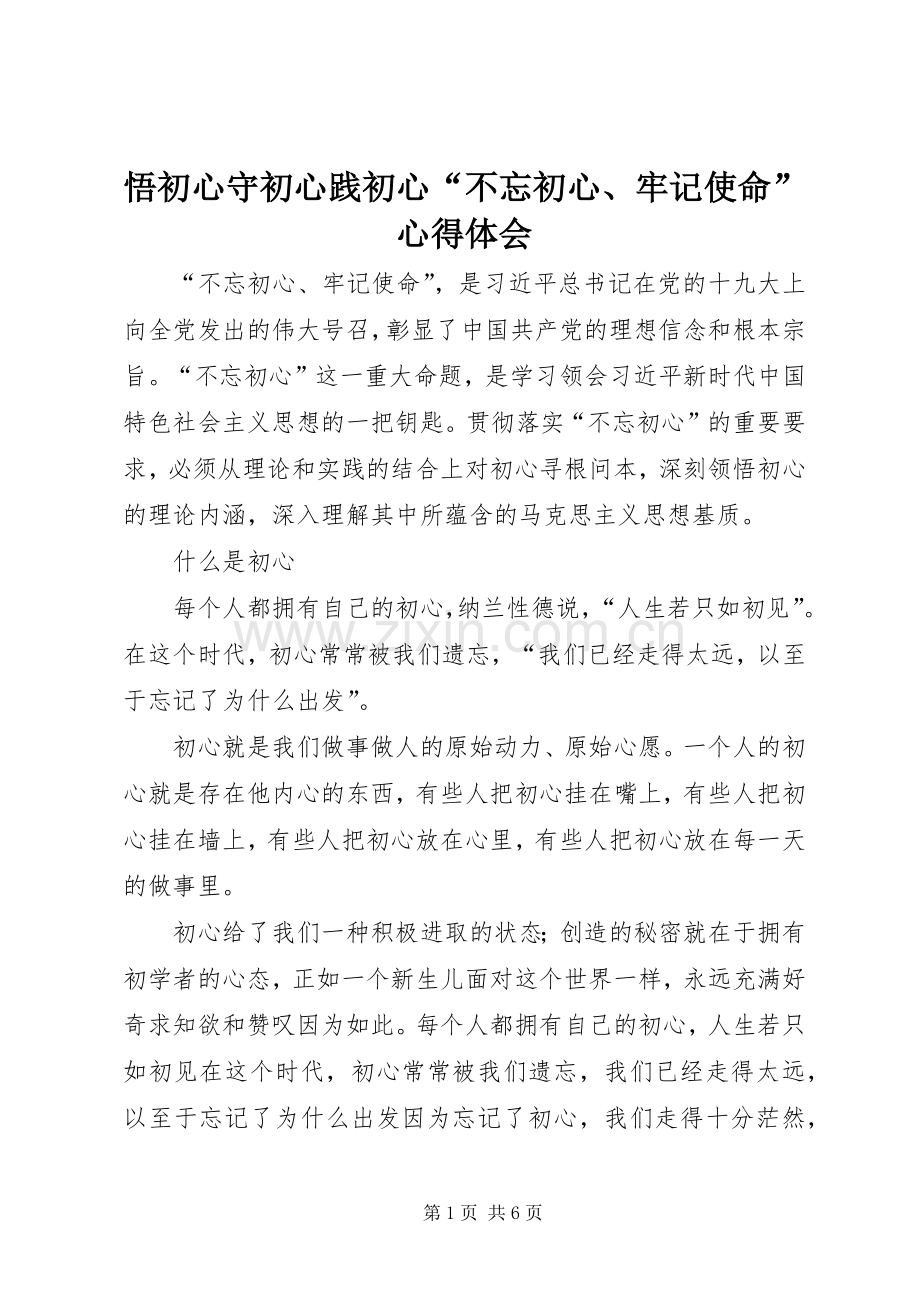 悟初心守初心践初心“不忘初心、牢记使命”心得体会.docx_第1页