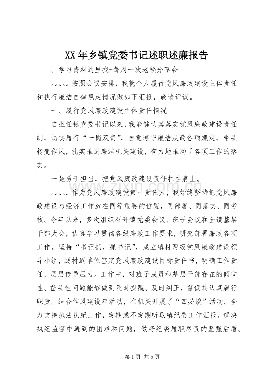 XX年乡镇党委书记述职述廉报告.docx_第1页