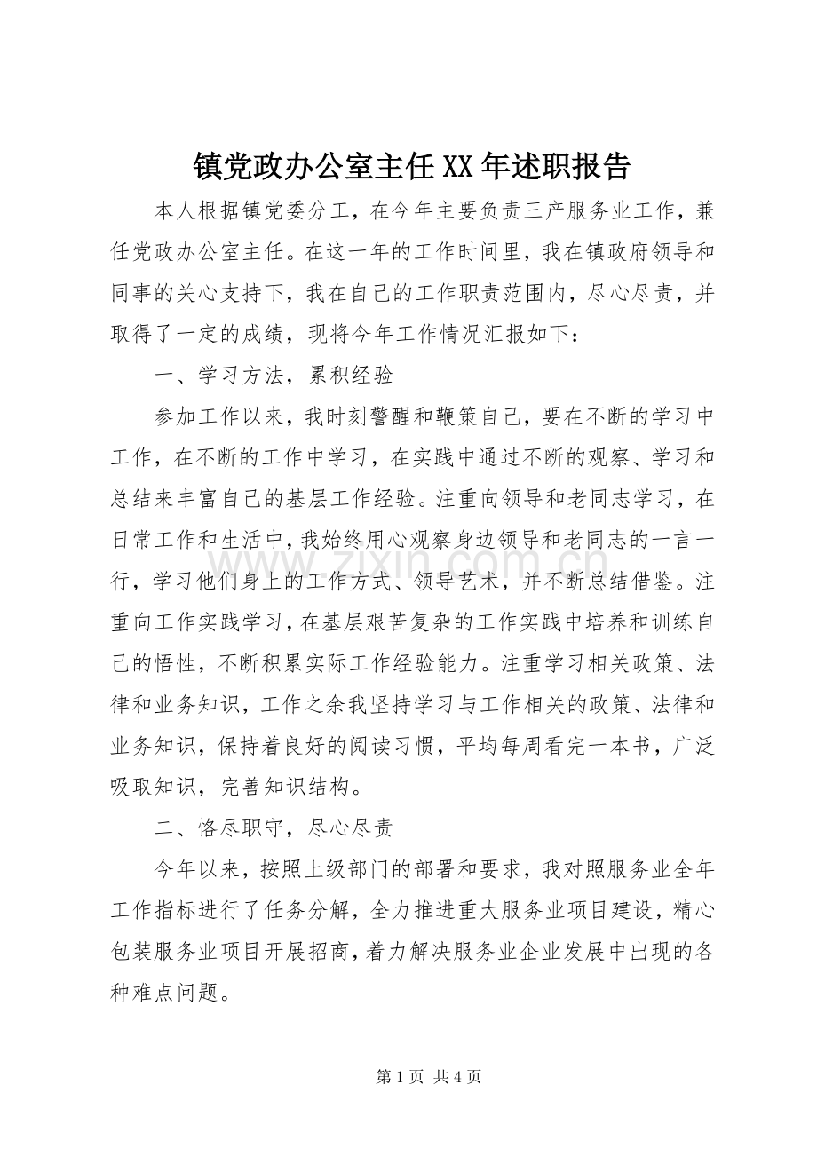 镇党政办公室主任XX年述职报告.docx_第1页