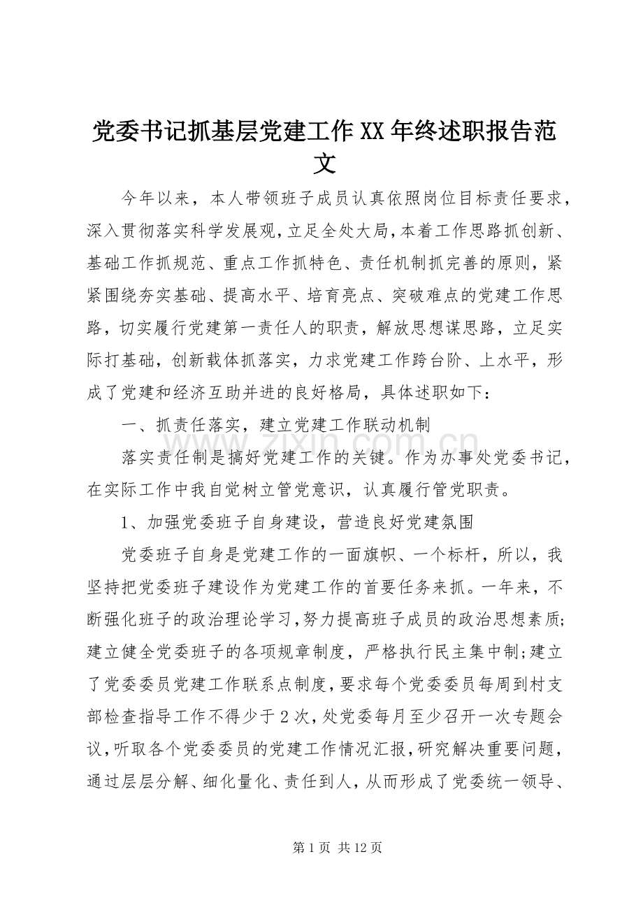 党委书记抓基层党建工作XX年终述职报告范文.docx_第1页