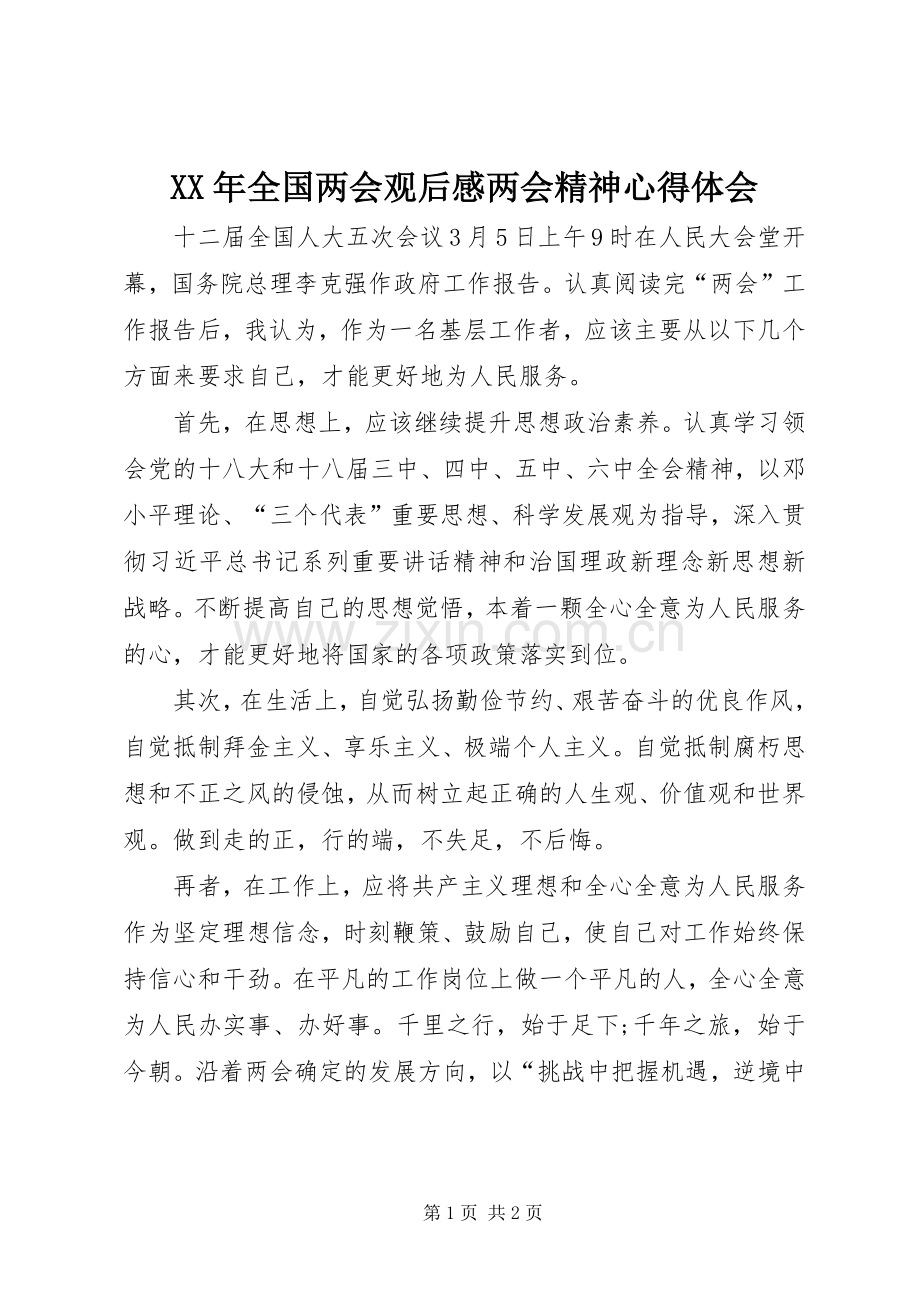 XX年全国两会观后感两会精神心得体会.docx_第1页