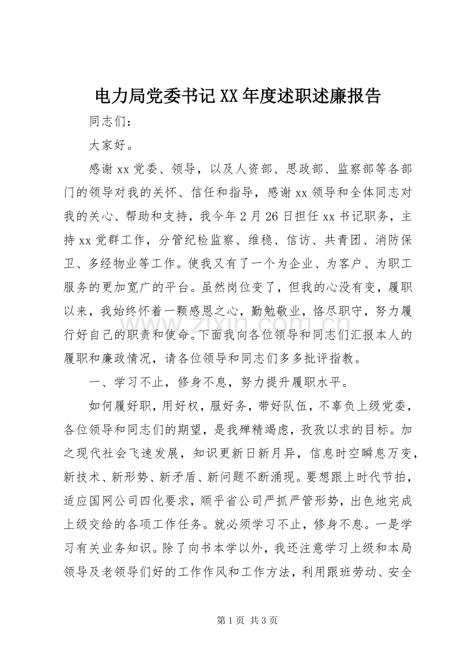 电力局党委书记XX年度述职述廉报告.docx_第1页