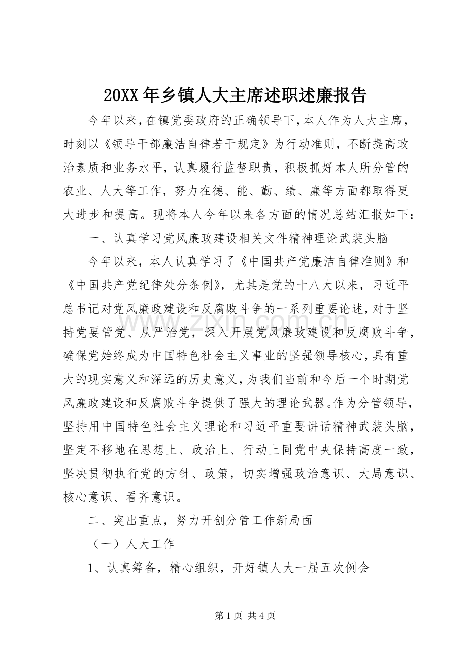 20XX年乡镇人大主席述职述廉报告.docx_第1页