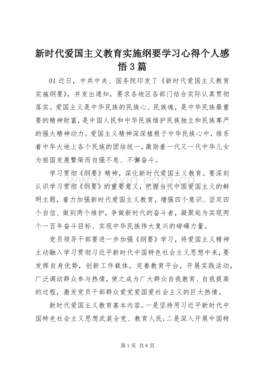 新时代爱国主义教育实施纲要学习心得个人感悟3篇.docx_第1页