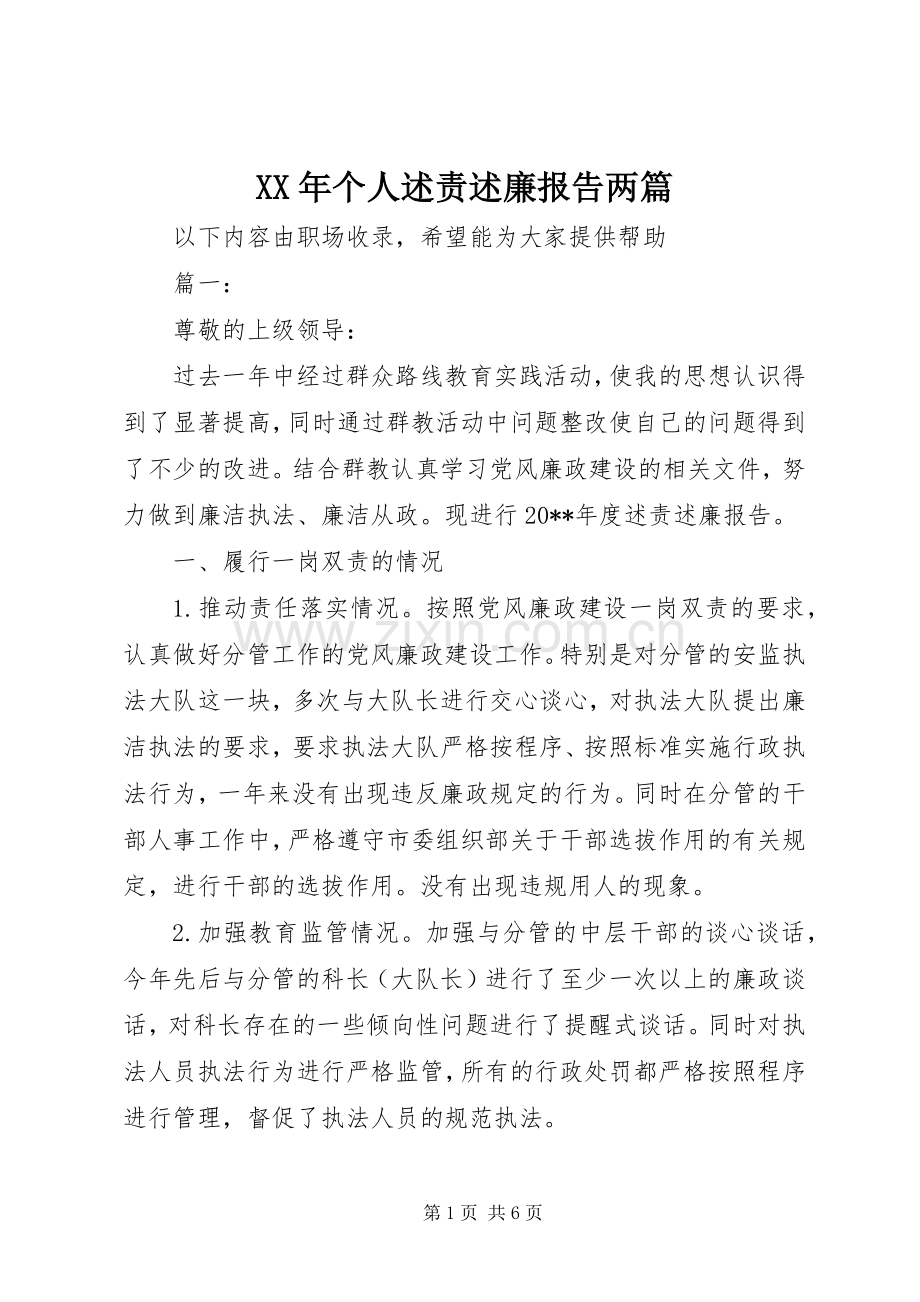 XX年个人述责述廉报告两篇.docx_第1页