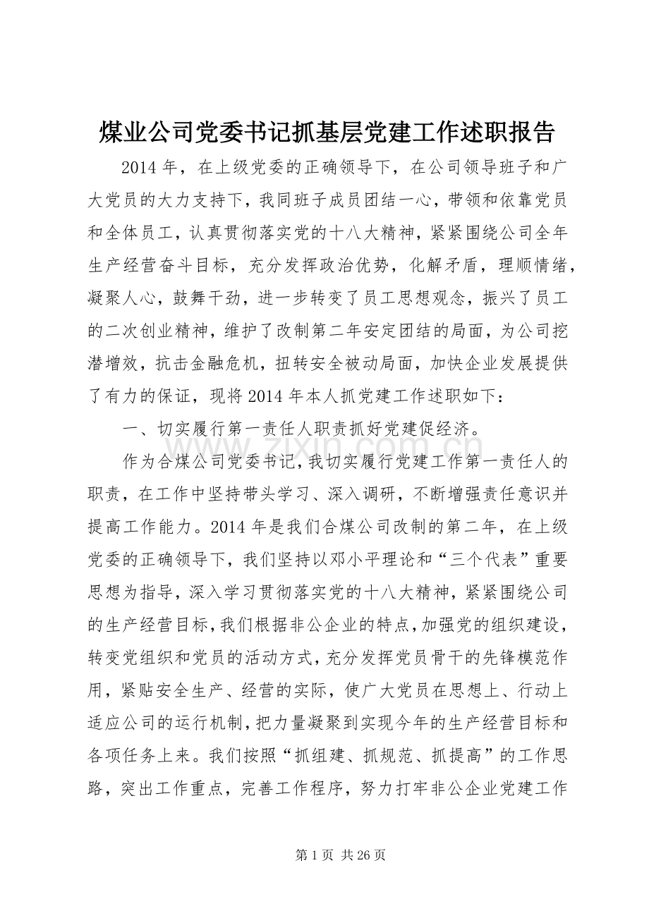 煤业公司党委书记抓基层党建工作述职报告.docx_第1页