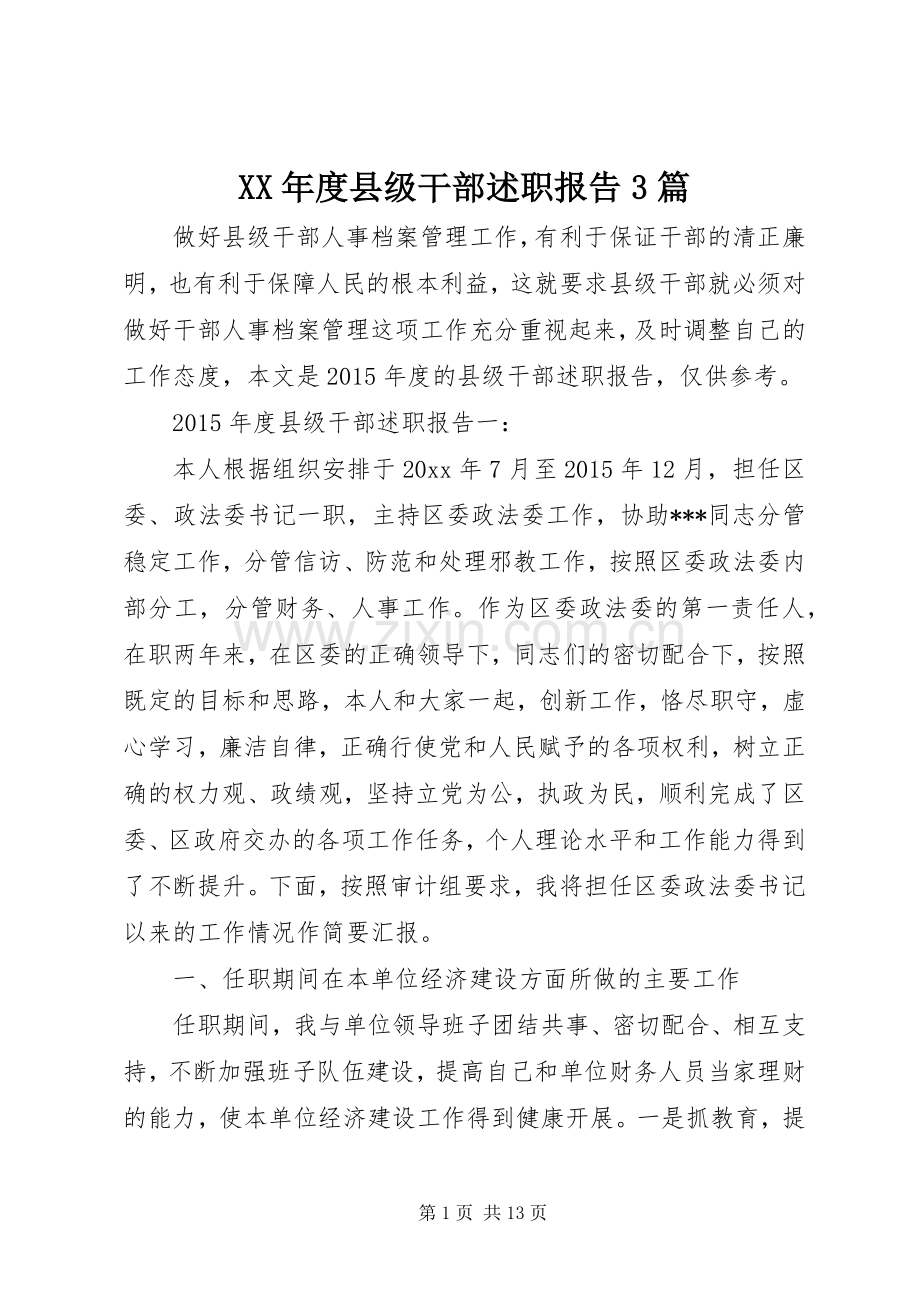 XX年度县级干部述职报告3篇.docx_第1页