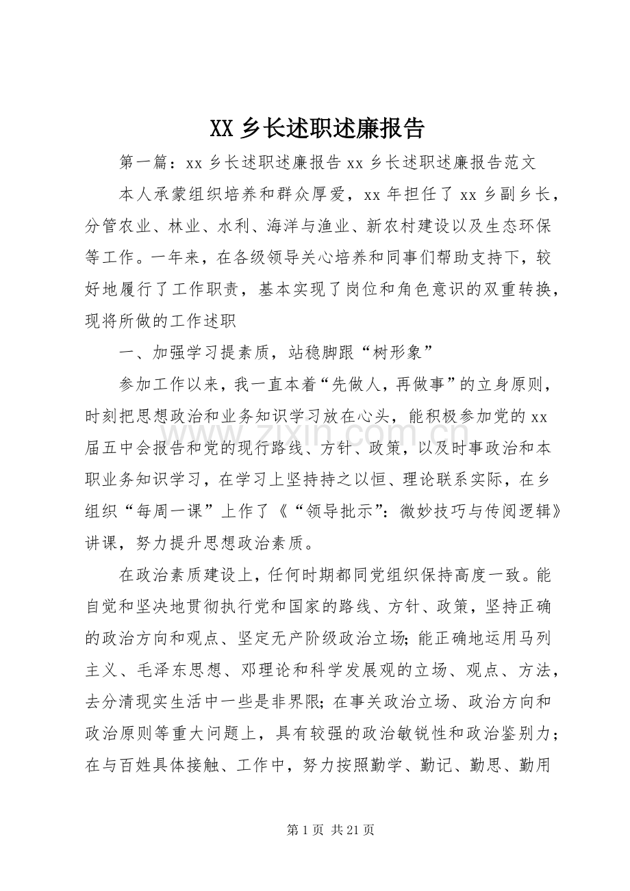 XX乡长述职述廉报告.docx_第1页