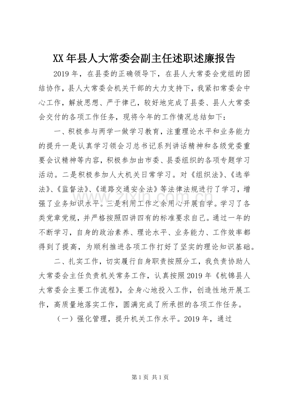 XX年县人大常委会副主任述职述廉报告.docx_第1页