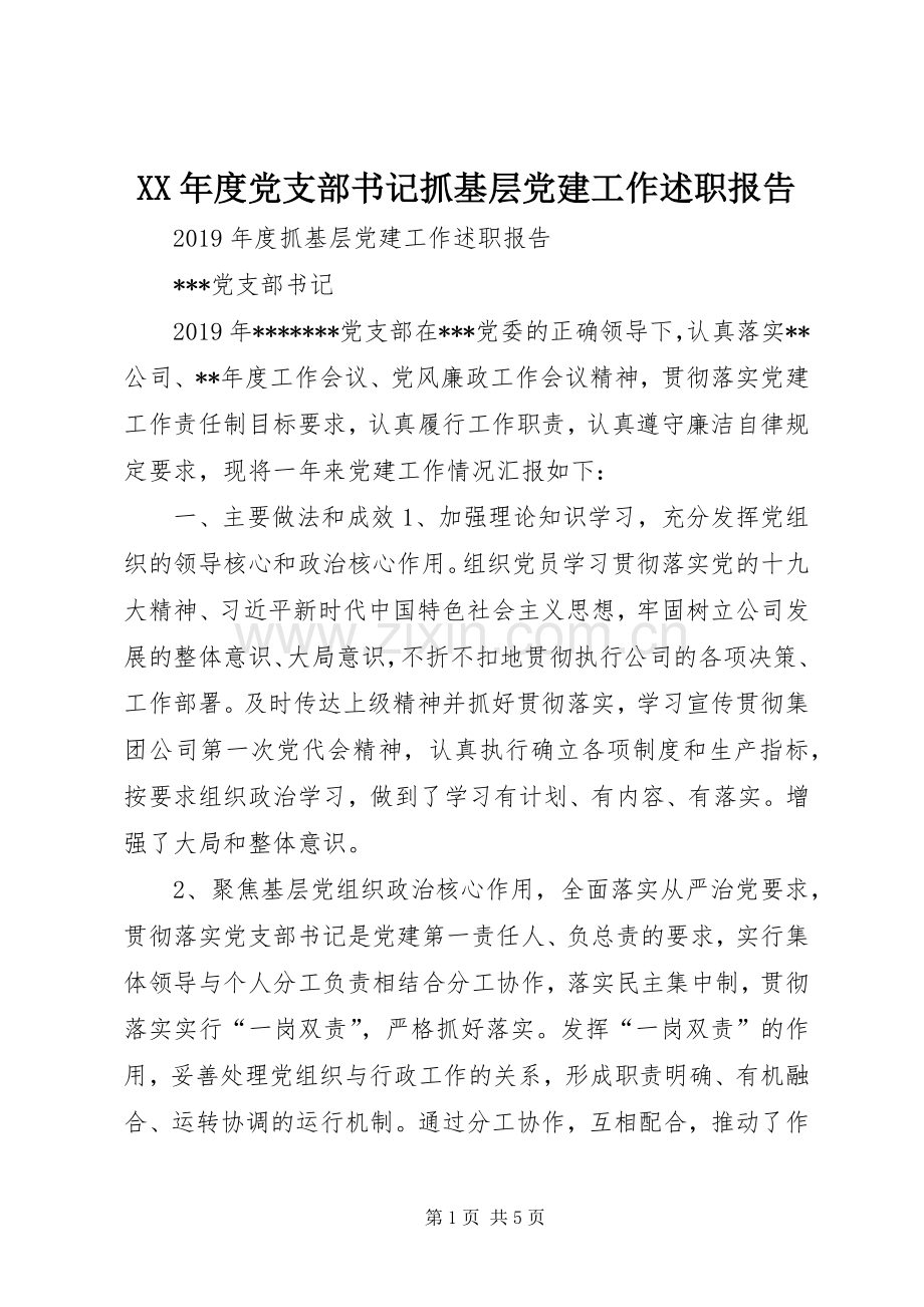 XX年度党支部书记抓基层党建工作述职报告.docx_第1页