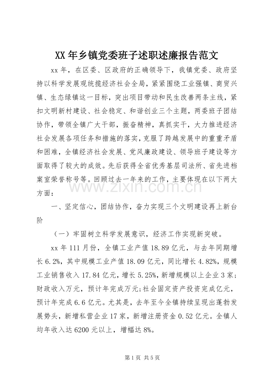 XX年乡镇党委班子述职述廉报告范文.docx_第1页