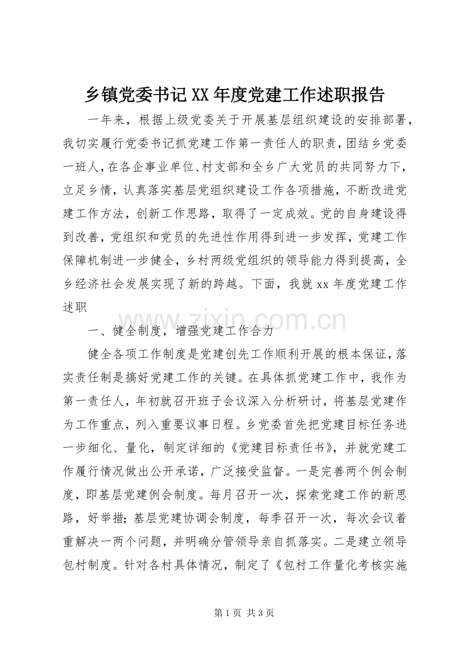 乡镇党委书记XX年度党建工作述职报告.docx_第1页