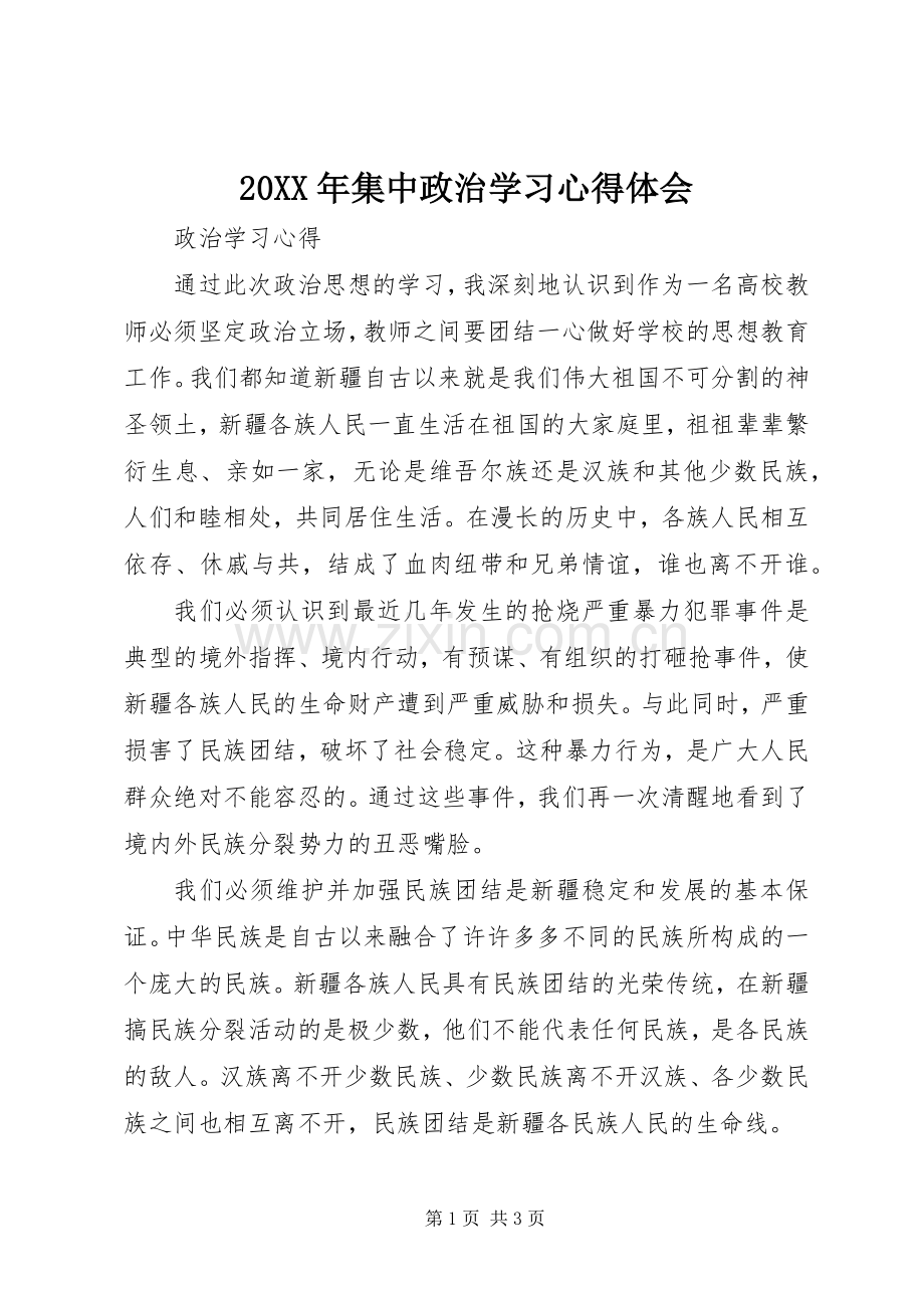 20XX年集中政治学习心得体会.docx_第1页