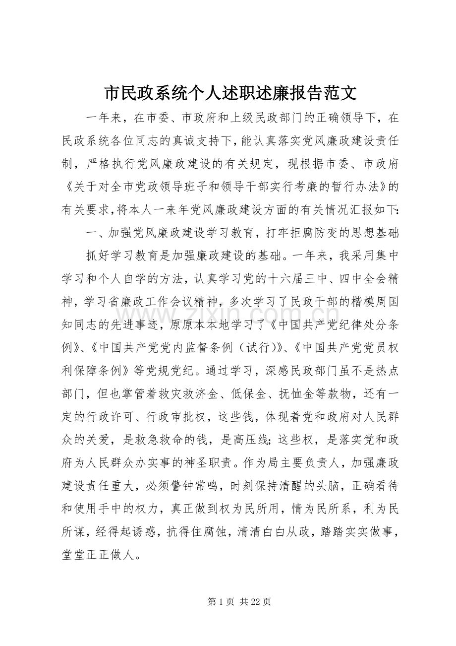 市民政系统个人述职述廉报告范文.docx_第1页