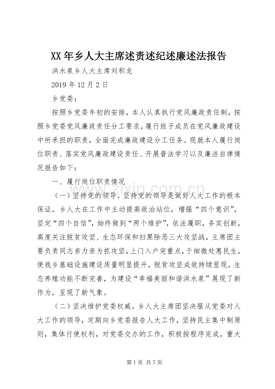 XX年乡人大主席述责述纪述廉述法报告.docx_第1页