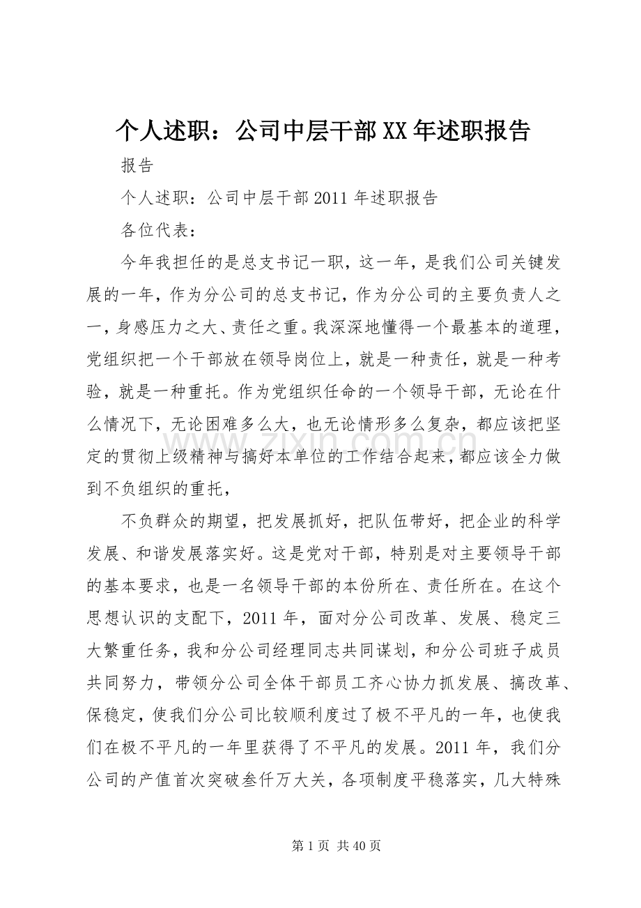 个人述职：公司中层干部XX年述职报告.docx_第1页