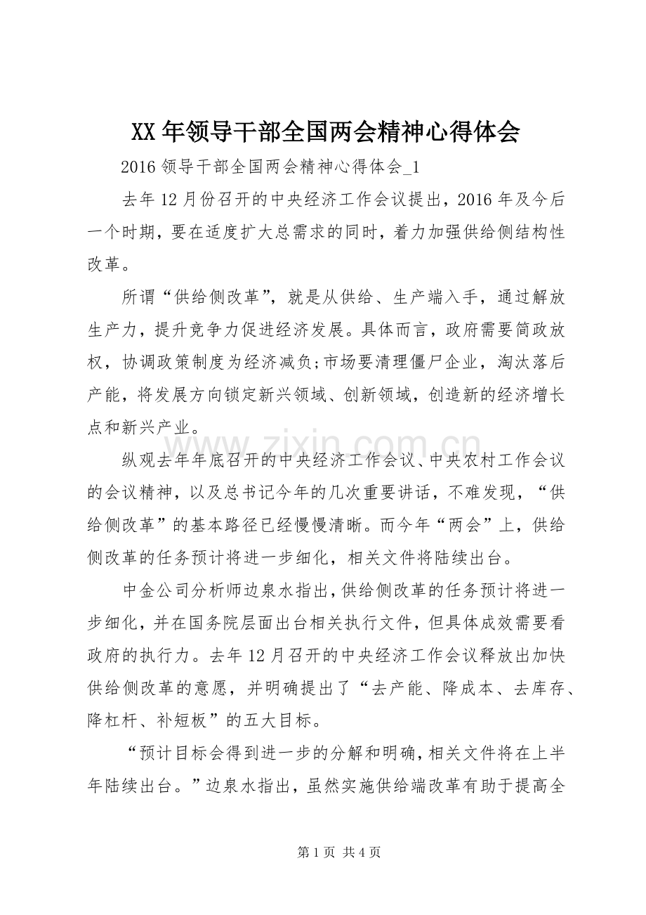 XX年领导干部全国两会精神心得体会.docx_第1页