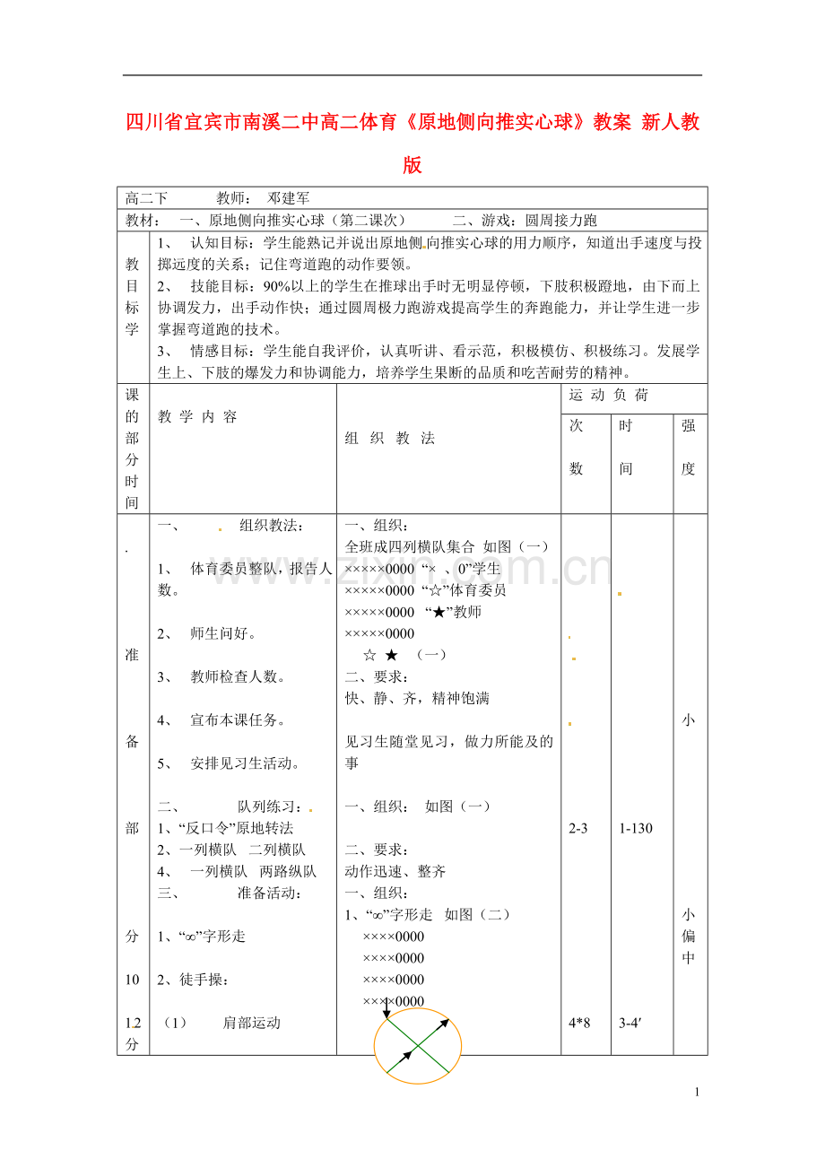 四川省宜宾市南溪二中高二体育《原地侧向推实心球》教案-新人教版.doc_第1页