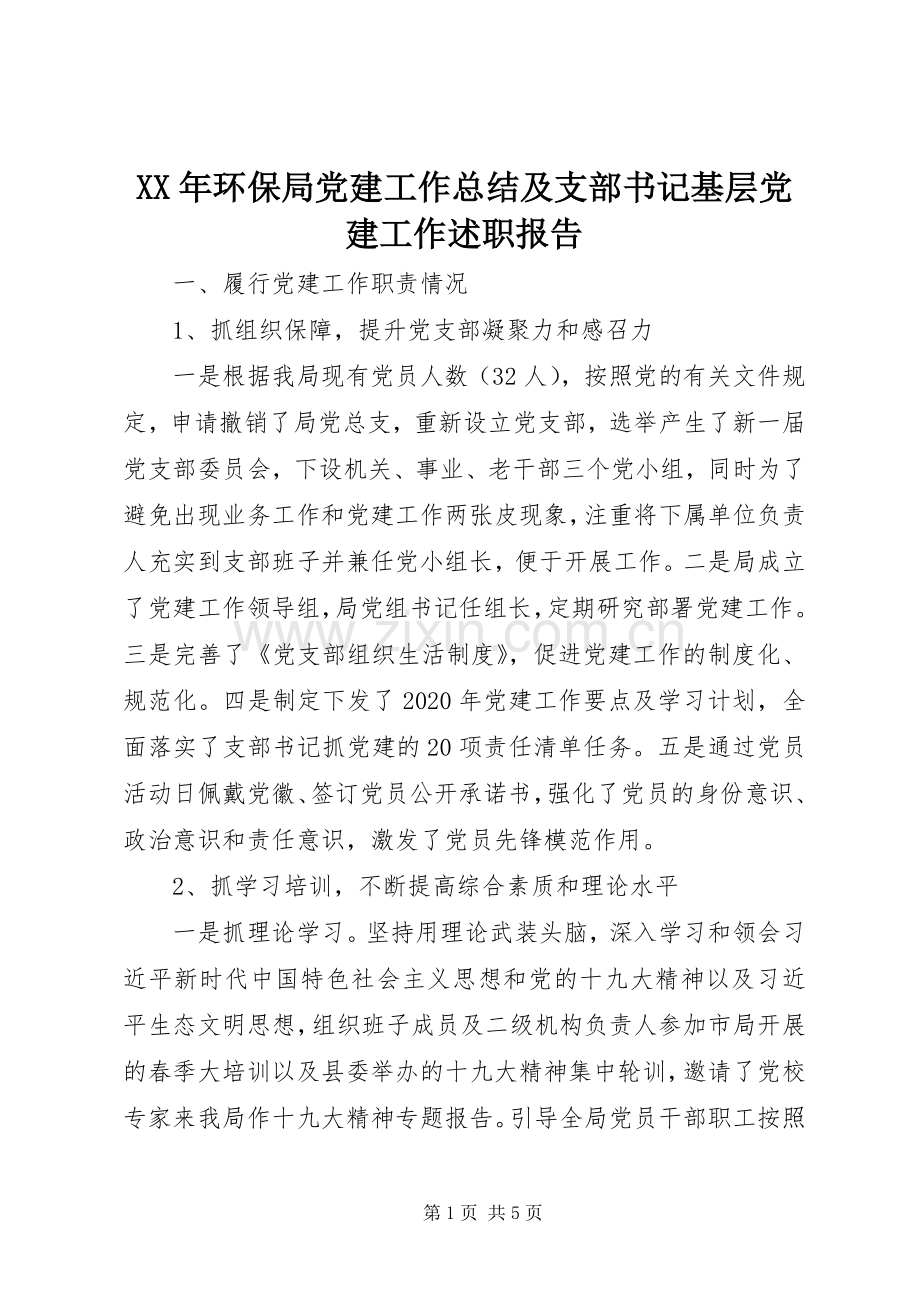 XX年环保局党建工作总结及支部书记基层党建工作述职报告.docx_第1页